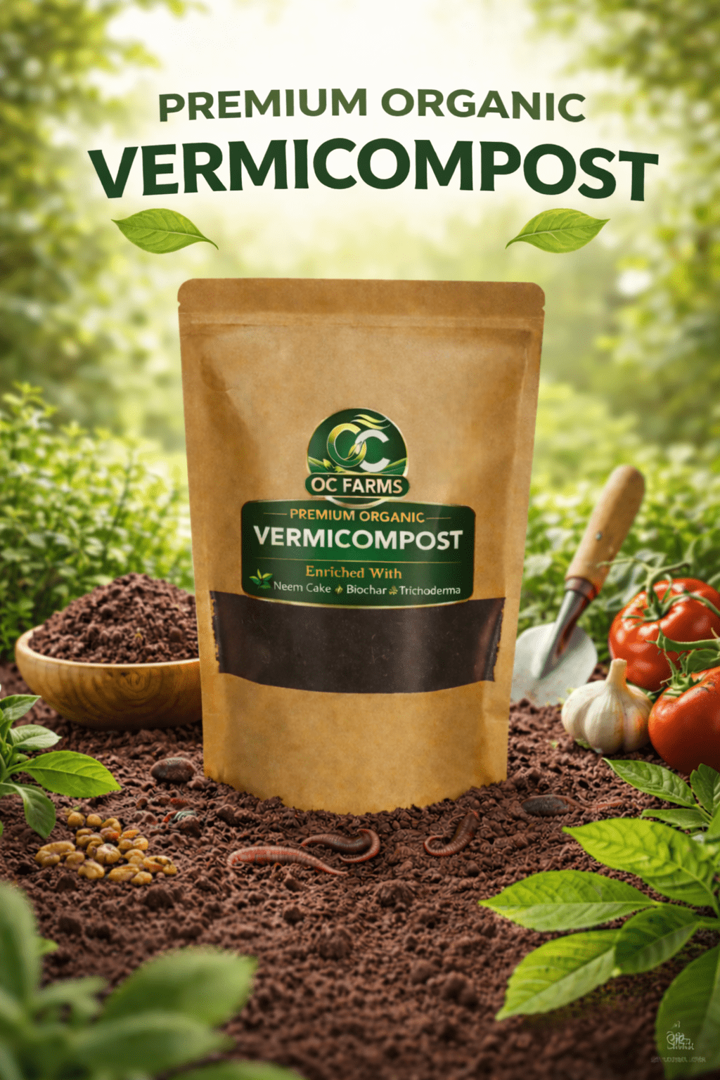 OC Farms premium organic vermicompost enriched with neem cake biochar and trichoderma