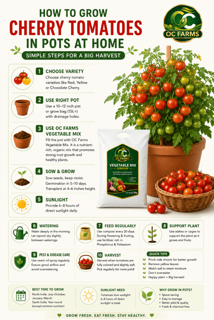 How to grow cherry tomatoes in pots at home — 10 step infographic by OC Farms