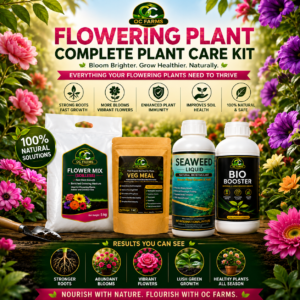 OC Farms flowering plant complete plant care kit including flower mix bio-booster veg meal powder and seaweed liquid