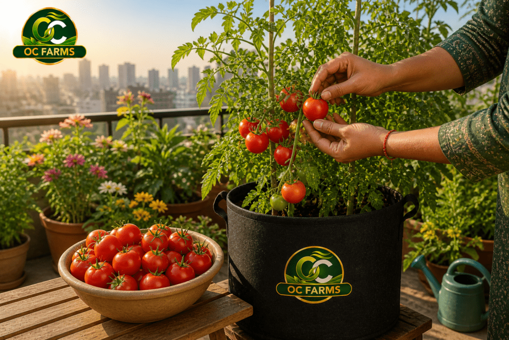 Indian woman harvesting fresh cherry tomatoes from OC Farms grow bag on terrace garden — homegrown organic tomatoes
