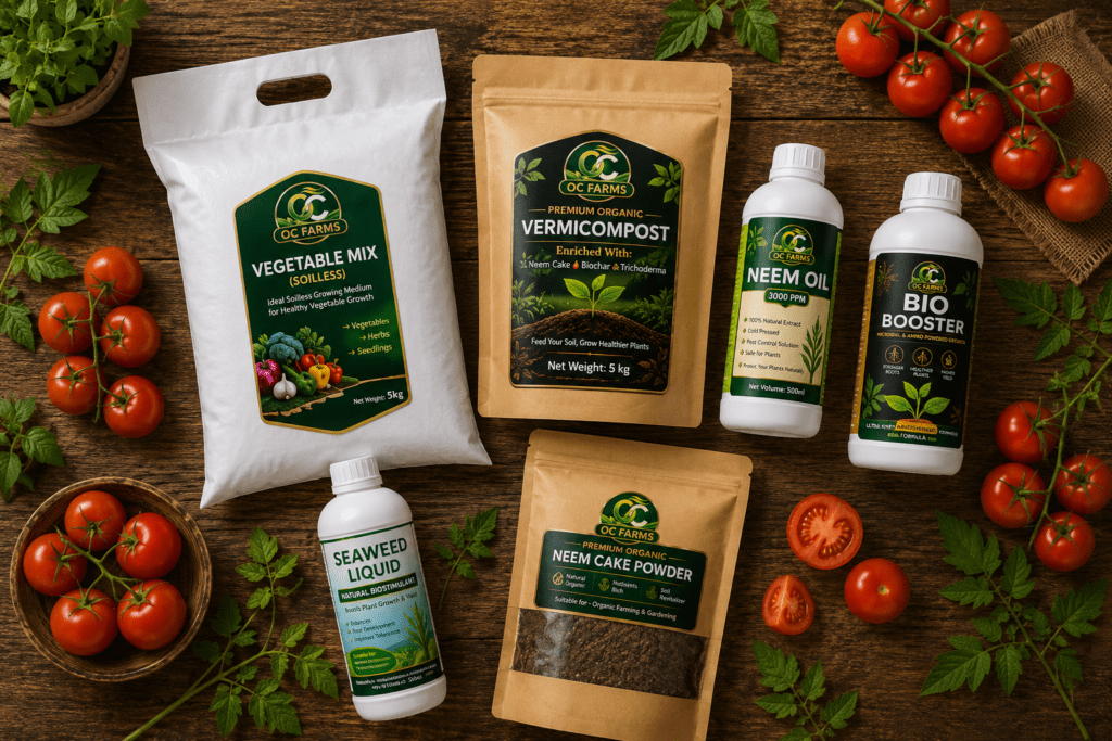OC Farms complete tomato growing product range including Vegetable Mix, Vermicompost, Neem Oil, Bio-Booster, Seaweed Liquid and Neem Cake Powder