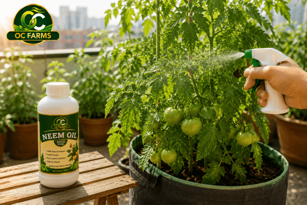 OC Farms Neem Oil 3000ppm being sprayed on tomato plant for organic pest control on Indian terrace