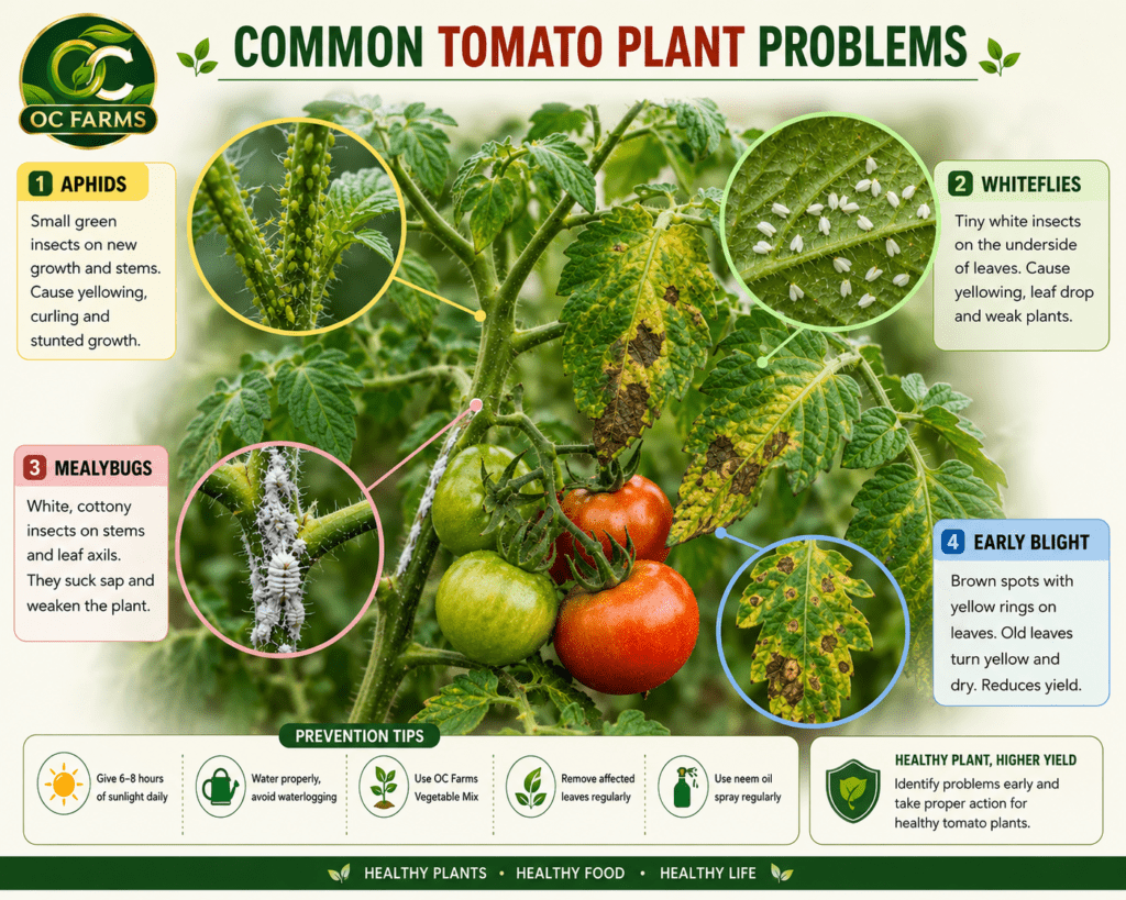 Common tomato plant problems — aphids, whiteflies, mealybugs and early blight identification guide by OC Farms