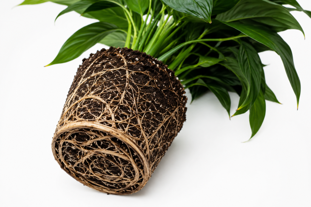 A root-bound plant removed from its pot showing a dense tightly compacted root ball that has outgrown the container