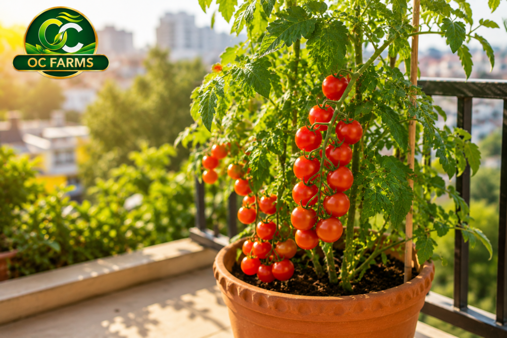 herry tomatoes growing in pot on Indian balcony — OC Farms organic gardening
