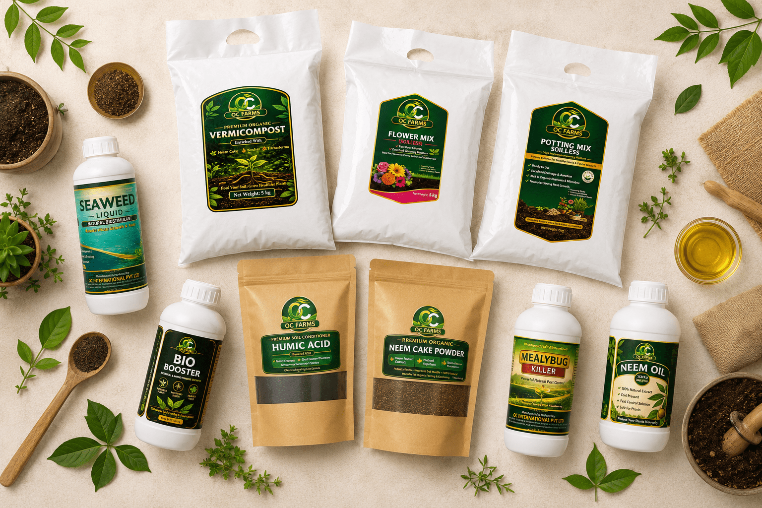 OC Farms premium organic plant care products range including vermicompost neem oil bio-booster and soilless mix