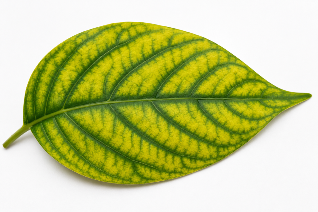 A plant leaf with interveinal chlorosis showing yellow tissue between green veins, a sign of nutrient deficiency