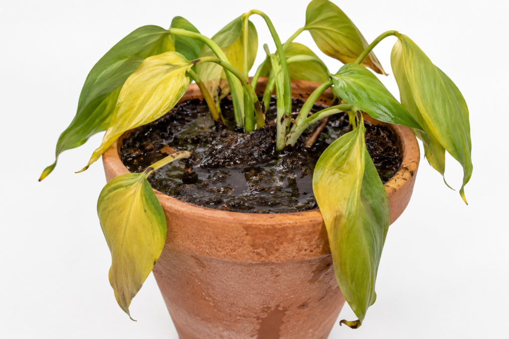 An overwatered potted plant with yellowing drooping leaves and waterlogged dark soil
