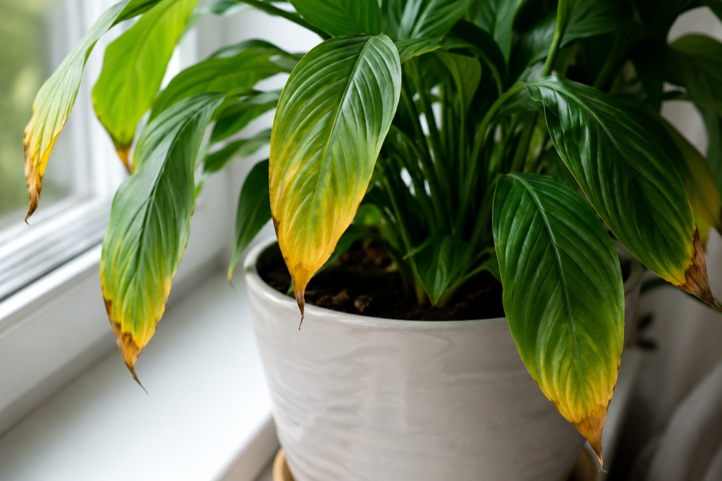 A potted houseplant with yellowing leaves on a bright windowsill in natural light