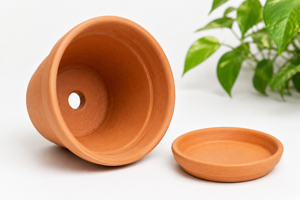 A terracotta plant pot with a drainage hole at the bottom placed next to a matching saucer on a white surface