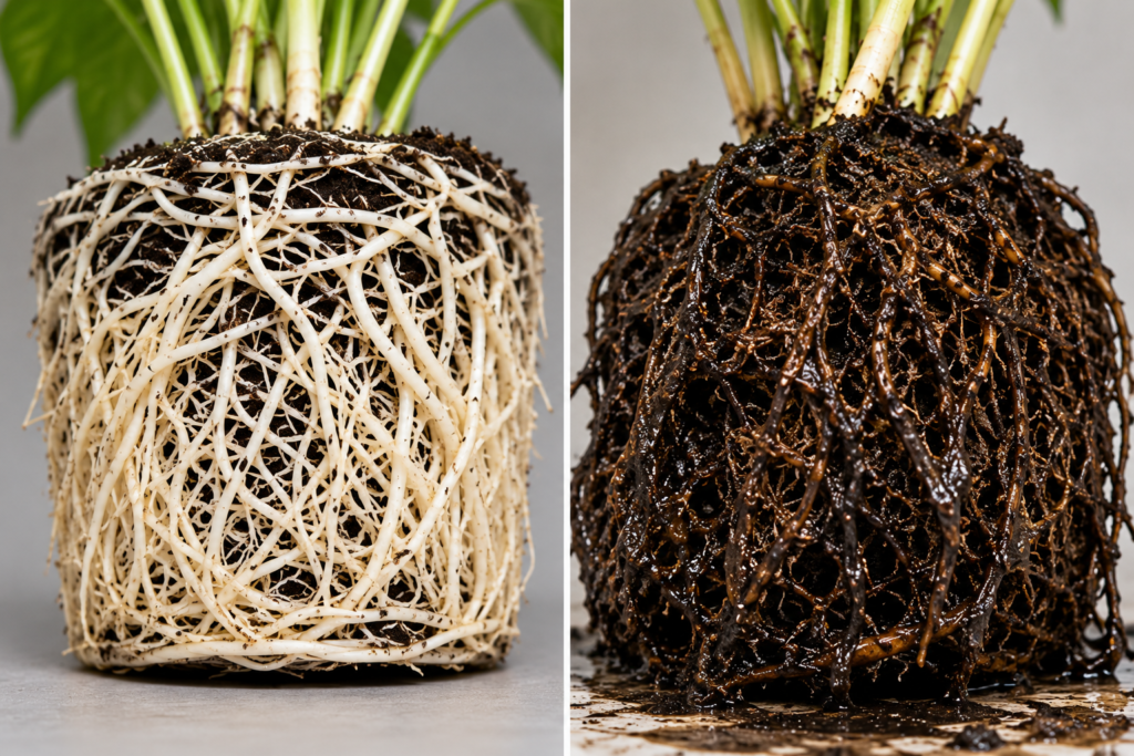 Side by side comparison of healthy white plant roots versus dark brown mushy root rot damaged roots