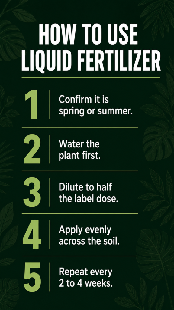 Step by step infographic showing five steps for correctly using liquid fertilizer on indoor houseplants