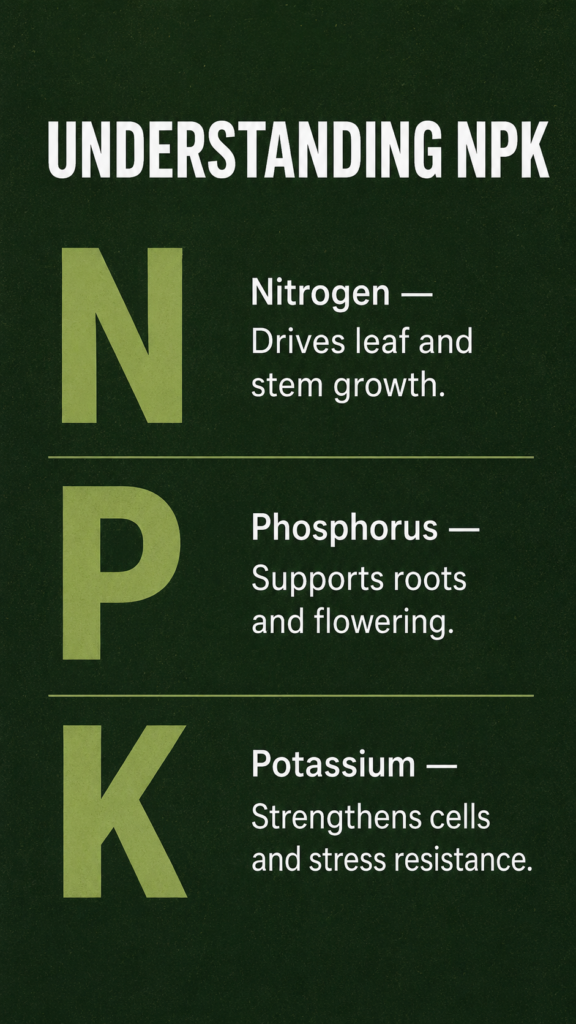 Educational infographic explaining NPK fertilizer ratios with nitrogen phosphorus and potassium functions for indoor plants
