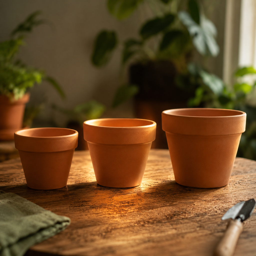 Three terracotta pots of increasing sizes showing the correct one to two inch size increase for repotting