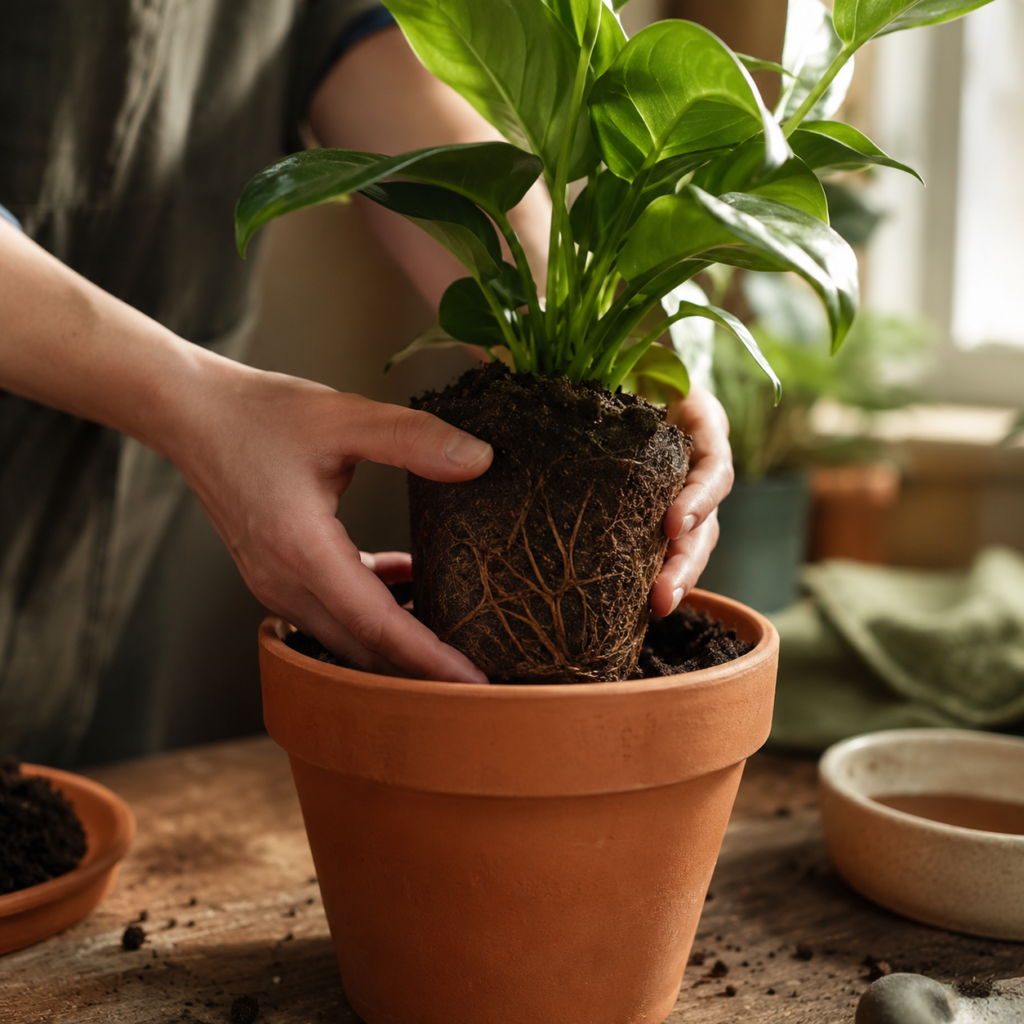 Hands placing a houseplant with intact roots into fresh soil during the repotting process