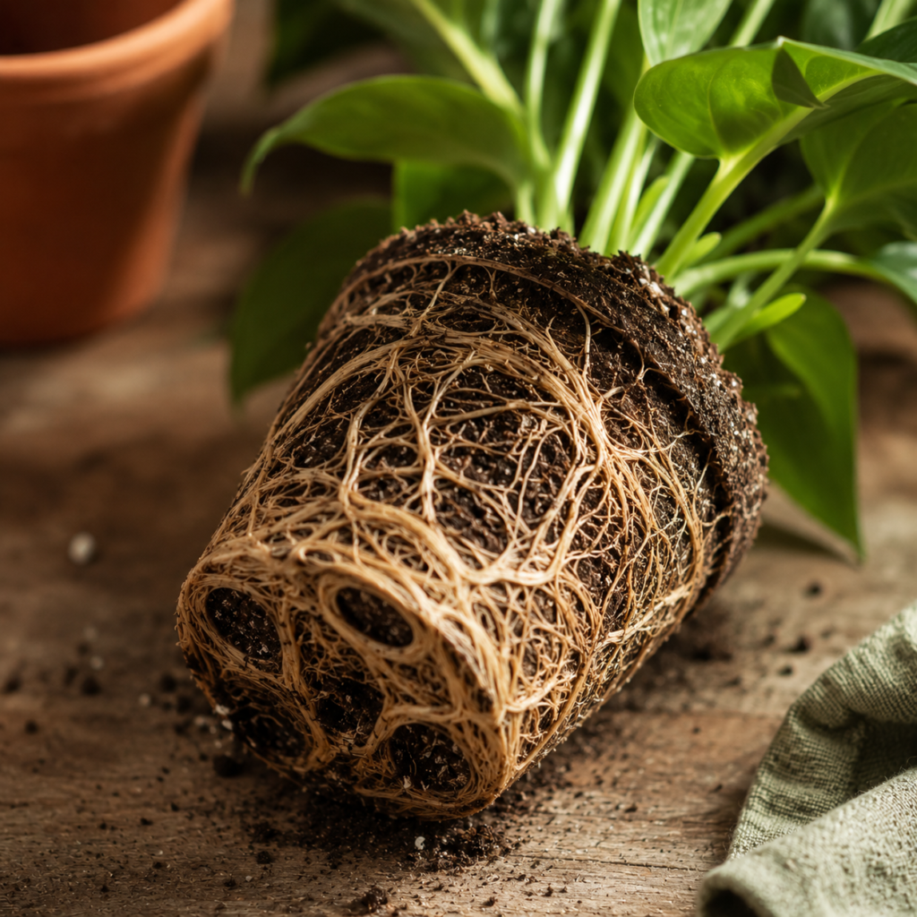 A root-bound houseplant removed from its pot showing roots tightly circling the root ball