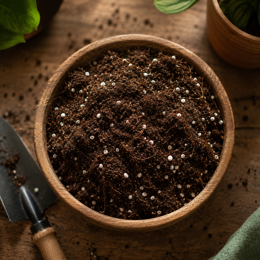 Overhead view of dark airy soilless potting mix with coco peat and perlite in a wooden bowl