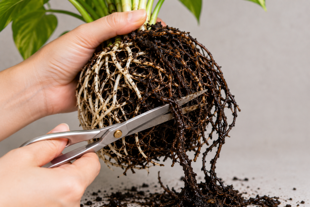 Hands using scissors to trim rotted brown roots from a houseplant during root rot treatment
