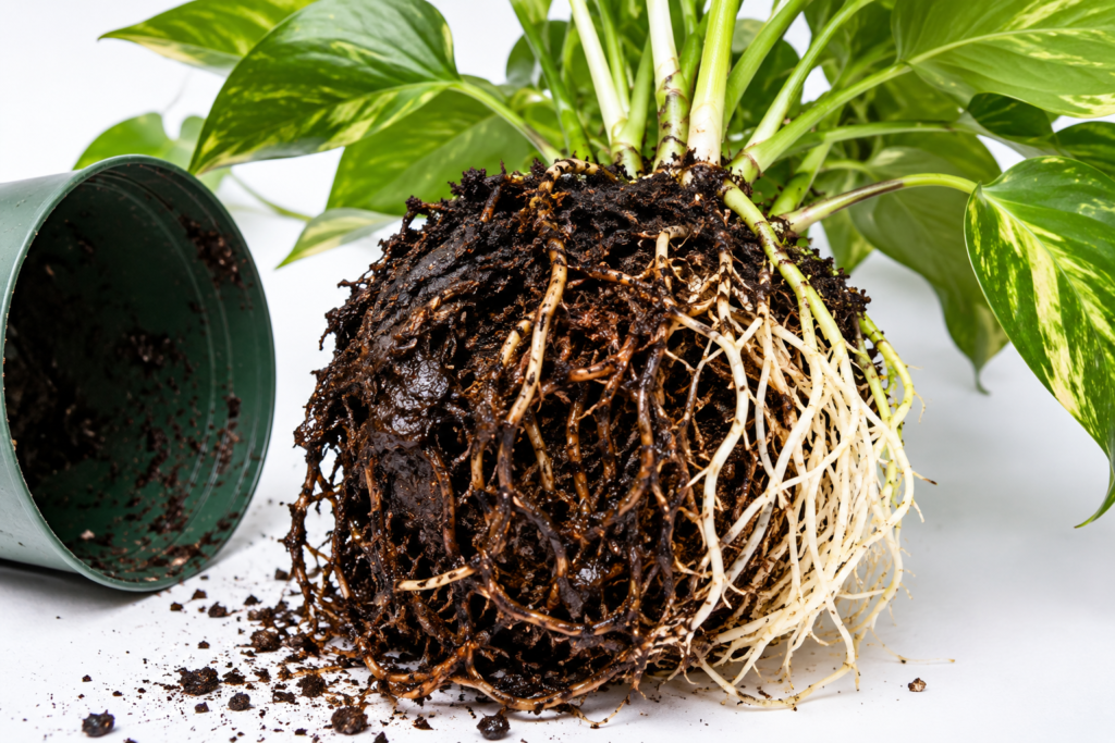 A houseplant removed from its pot showing dark mushy root rot damage alongside healthy white roots