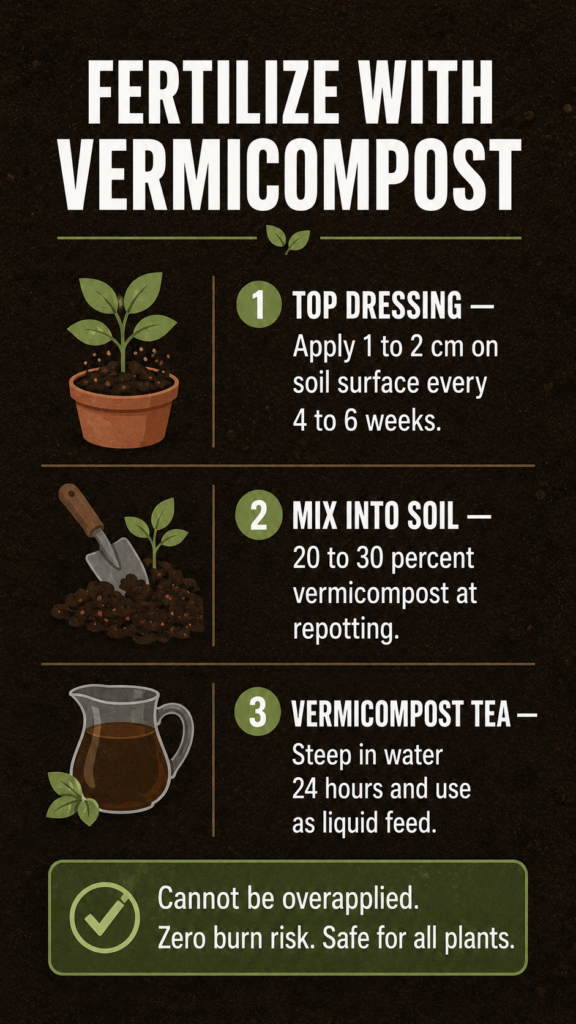 nfographic showing three methods of using vermicompost on indoor plants including top dressing soil mixing and vermicompost tea