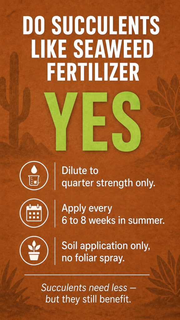 Educational graphic answering yes to whether succulents like seaweed fertilizer with three specific application instructions