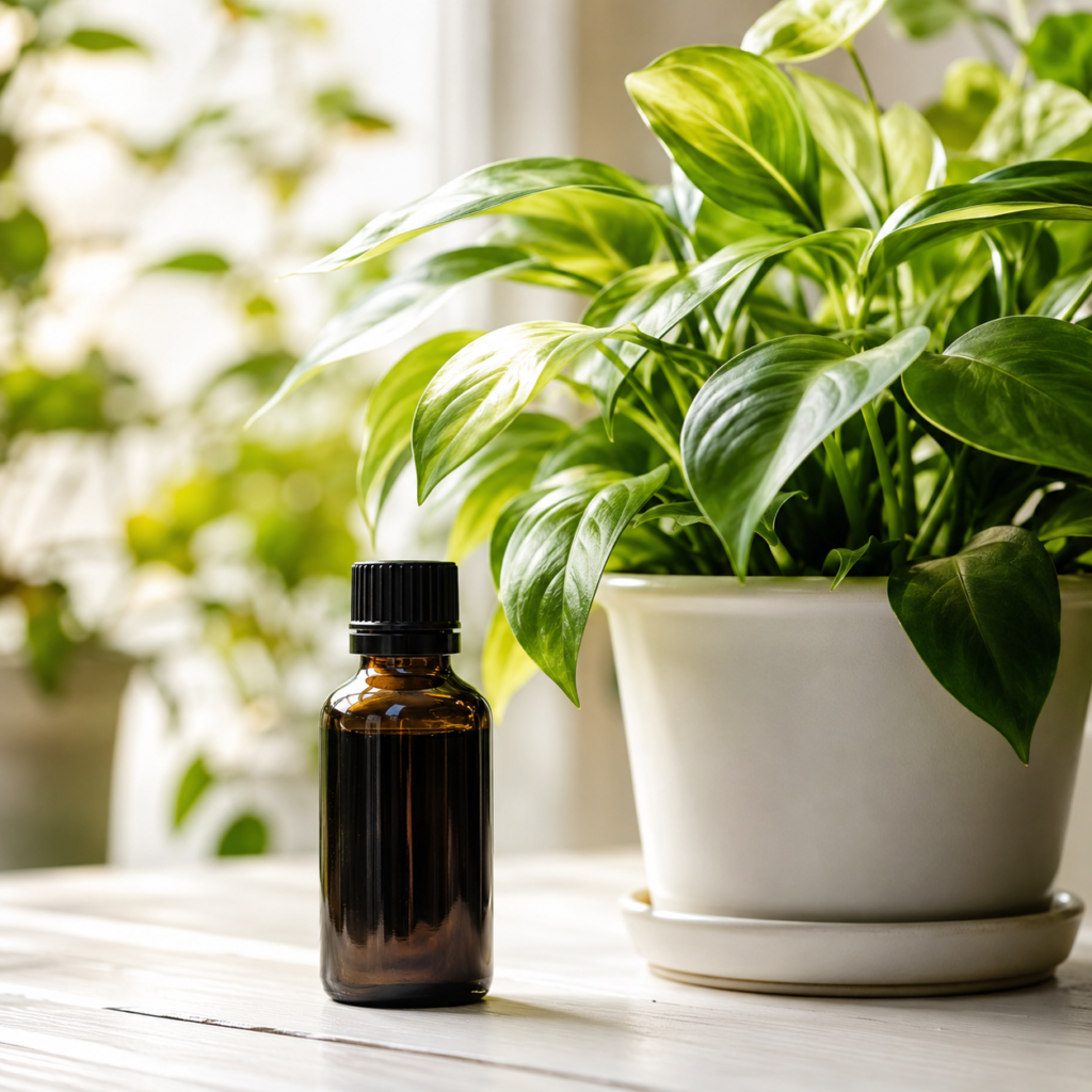 A bottle of seaweed liquid fertilizer beside a healthy thriving indoor houseplant in natural window light