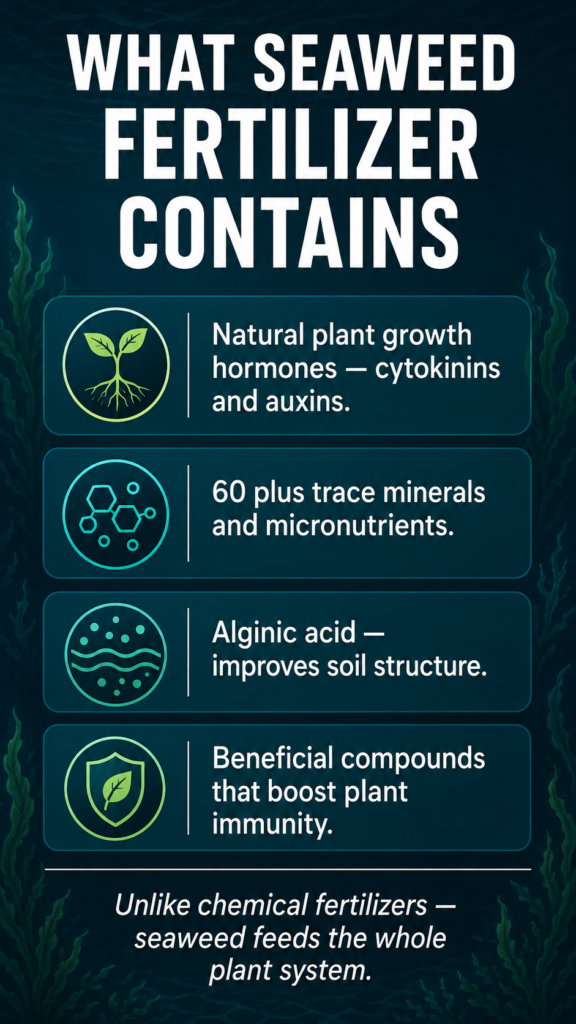 Infographic showing four key components of seaweed fertilizer including plant hormones trace minerals and alginic acid